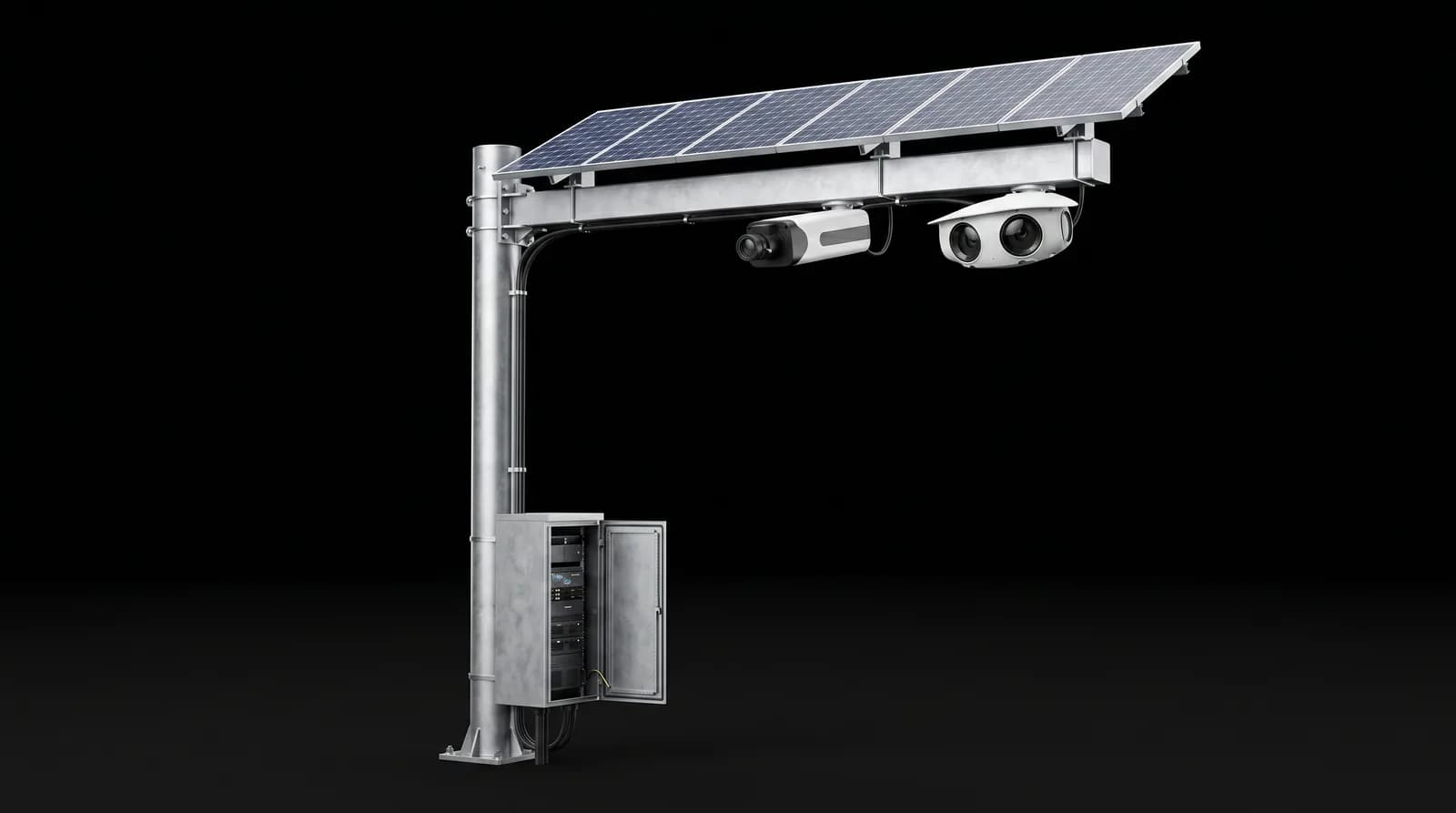 Semipórtico com painel solar e duas câmeras, em fundo preto.