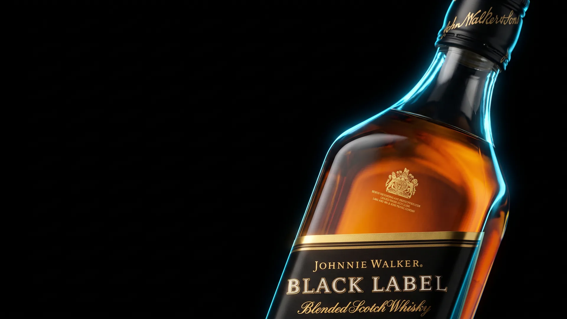 Uma garrafa de Johnnie Walker Black Label em diagonal, contornada por uma luz azul, sobre fundo preto.
