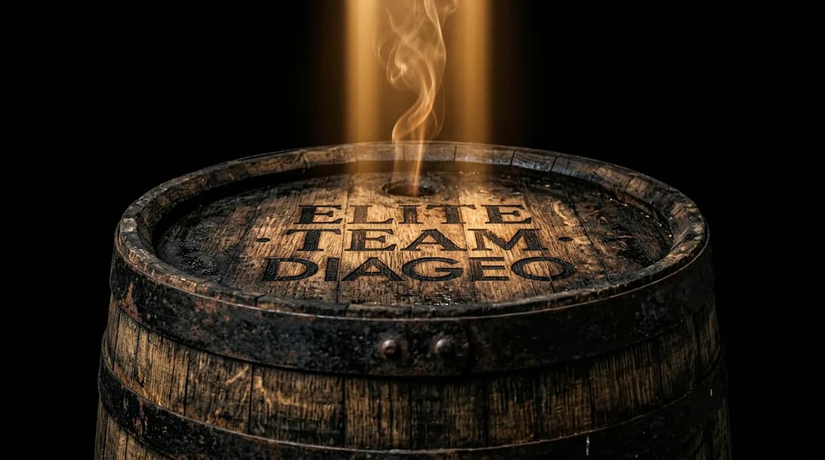 Um barril de madeira com "Elite Team Diageo" gravado na tampa, sob um facho de luz.