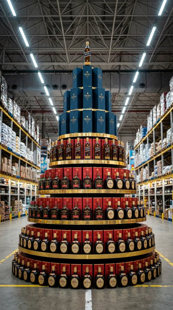 Uma torre de caixas de uísque em vários andares no meio de um atacadão.