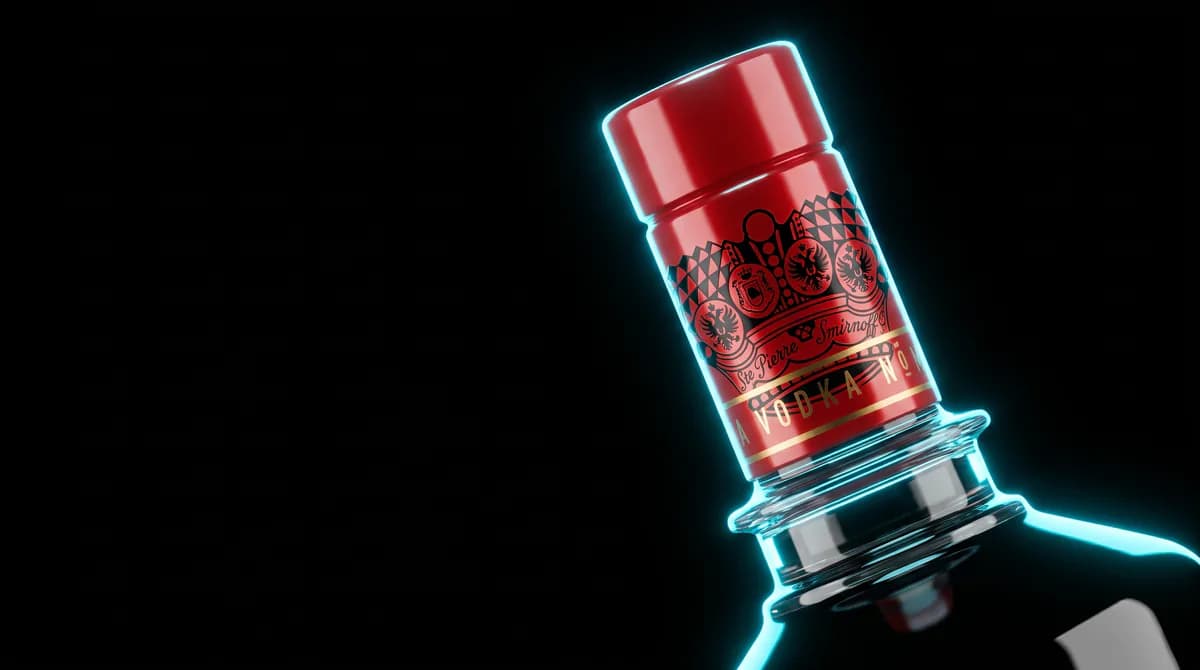 O gargalo de uma garrafa de Smirnoff em super zoom, contornado por luz azul sobre fundo preto.