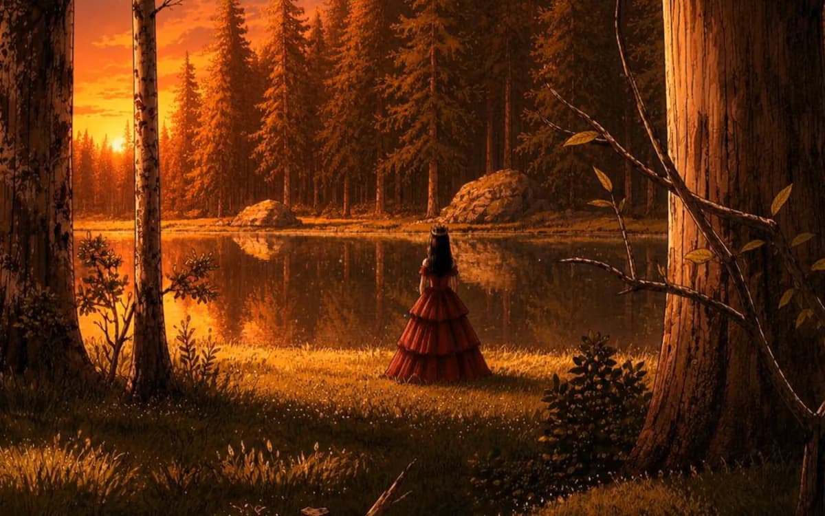 Quadro do curta The Fool's Heart: uma moça de vestido vermelho à beira de um lago, entre árvores, ao pôr do sol, em ilustração.