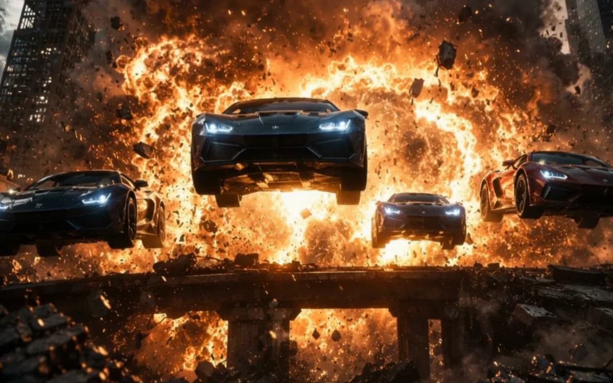 Quadro do curta Velocidade de Aço: carros saltam de uma ponte no meio de uma explosão.