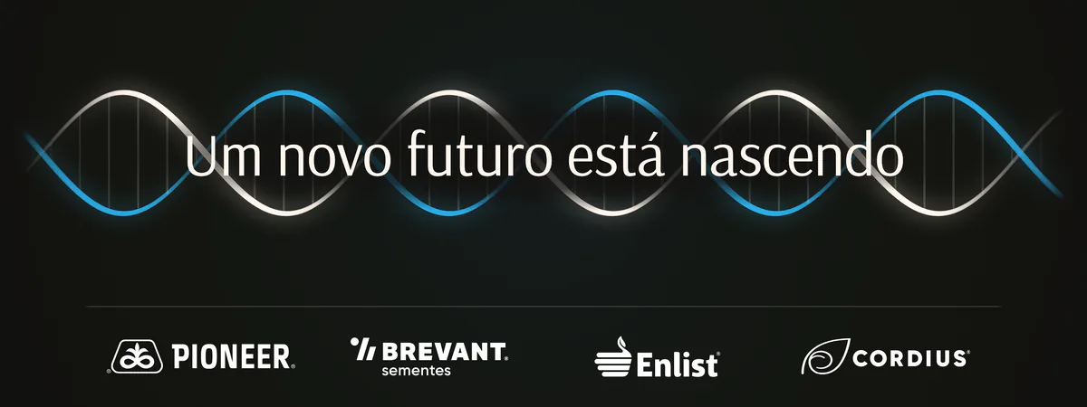 Estudo do túnel de LED: uma hélice de DNA em linhas azul e creme atrás da frase "Um novo futuro está nascendo", com quatro logos embaixo.