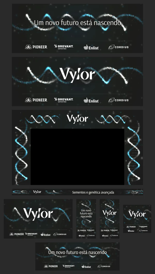Folha com os estudos da vinheta da Vylor em vários formatos de tela, do horizontal largo ao vertical estreito.