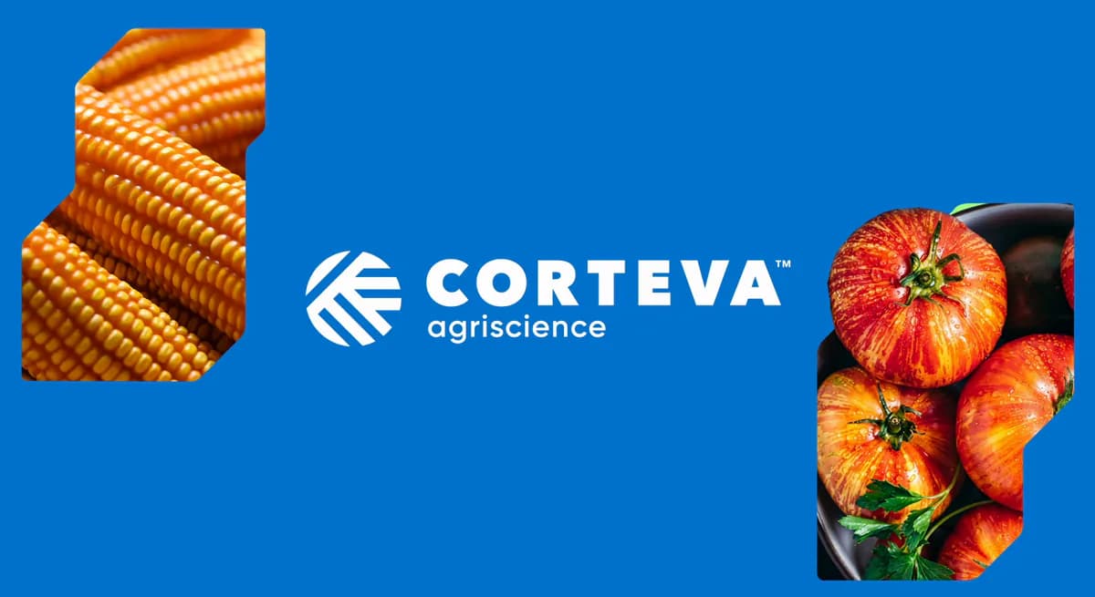 Quadro da vinheta da Corteva: espigas de milho e tomates recortados nas formas da marca, sobre azul, com o logo da Corteva.