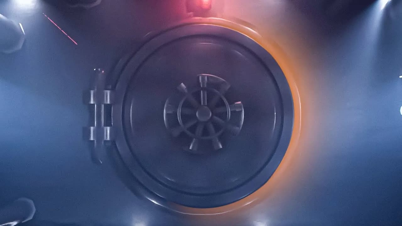 A porta de um cofre iluminada de laranja e azul, arte da campanha Agente Secreto.