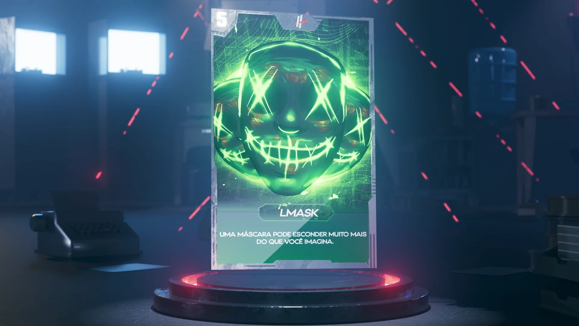 Carta digital com uma máscara de neon verde sobre um pedestal, numa sala escura com lasers vermelhos.