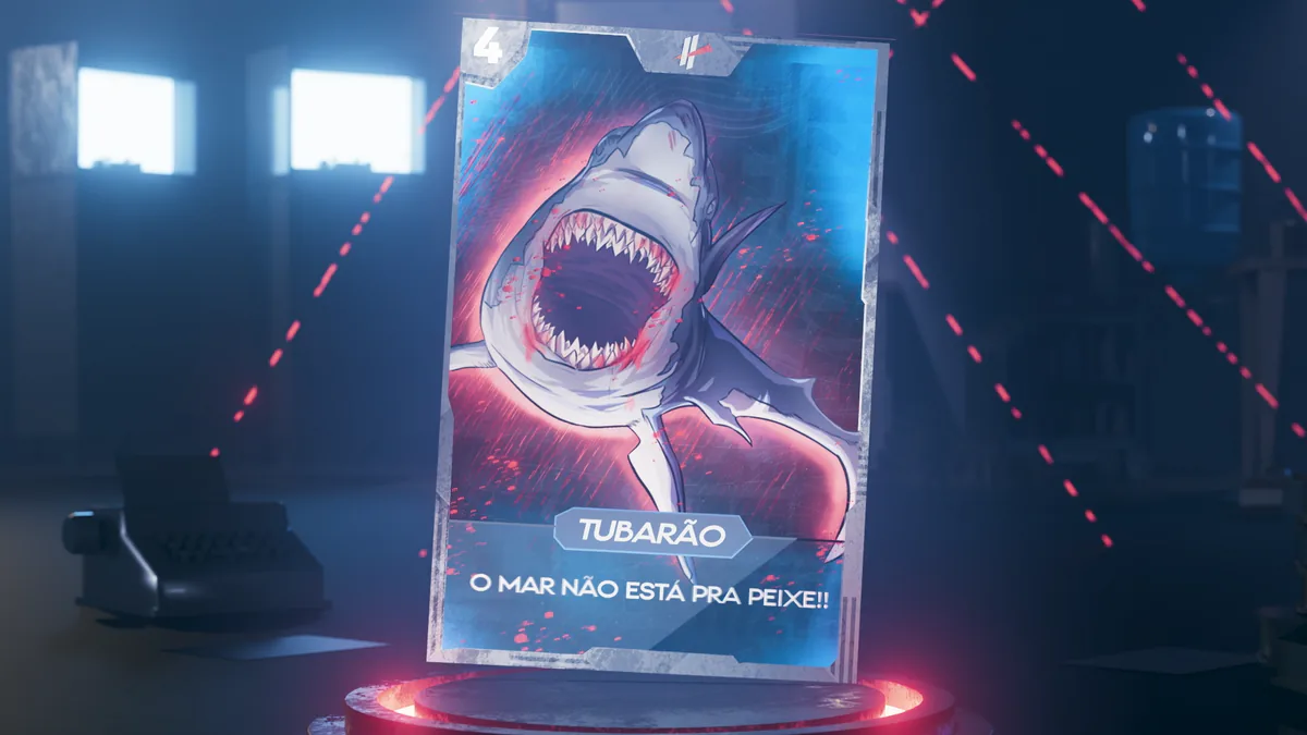 Carta digital com o desenho de um tubarão de boca aberta, sobre um pedestal com luz vermelha.
