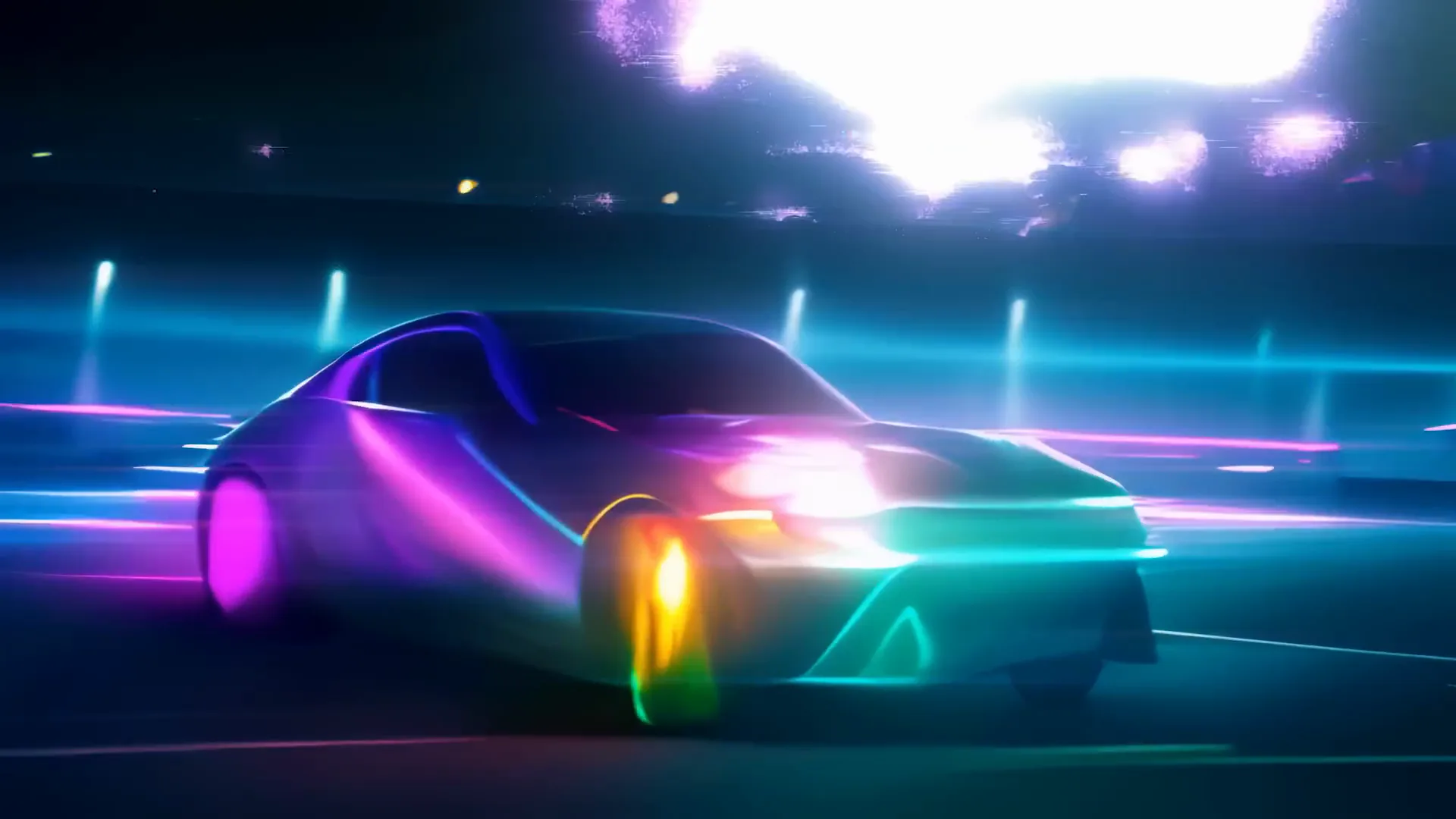 Quadro do filme: o carro de drift desenhado em neon azul e rosa, como num videogame.
