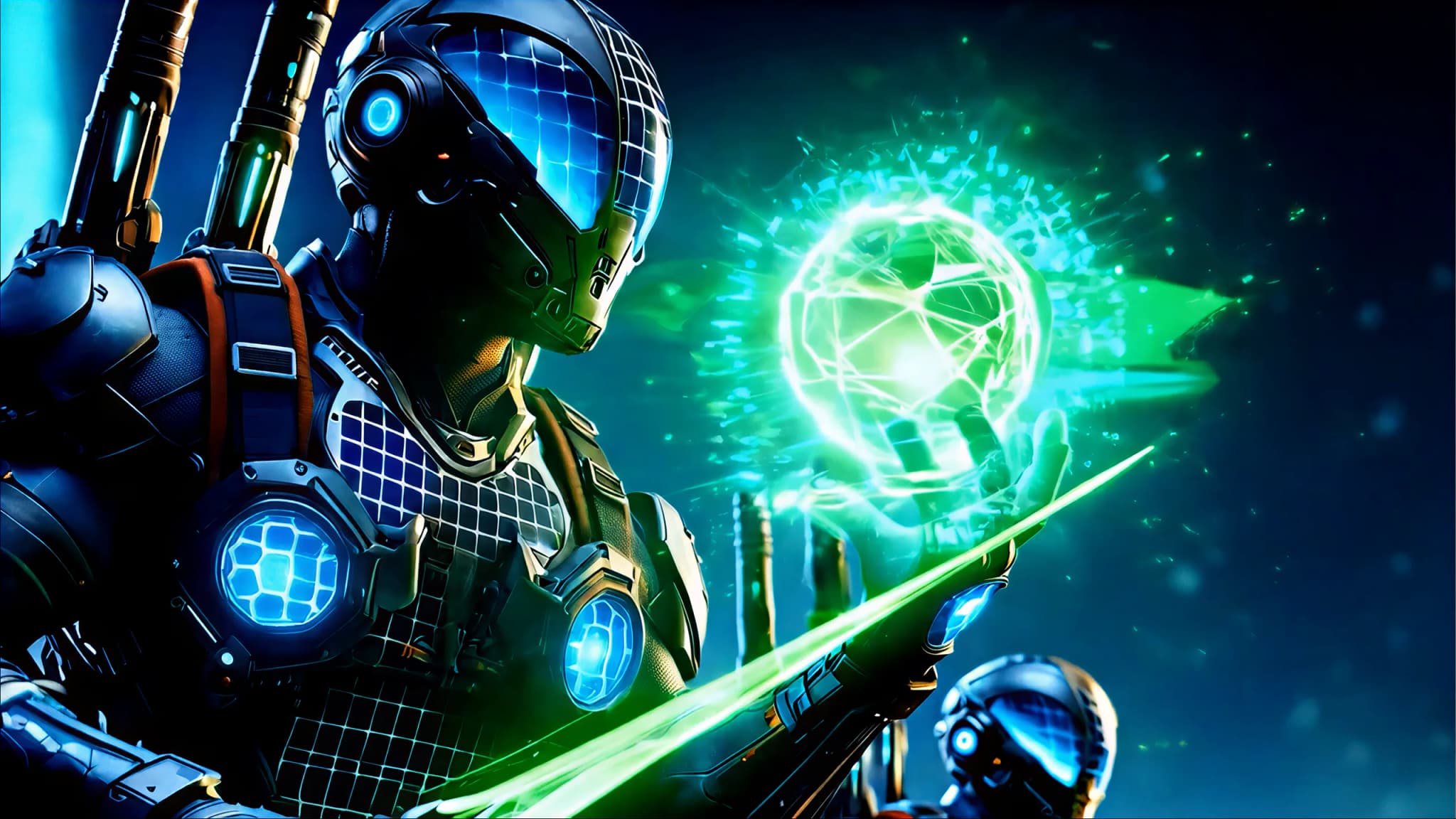 Quadro do filme do modo de jogo: um personagem de armadura segura uma bola de energia verde.