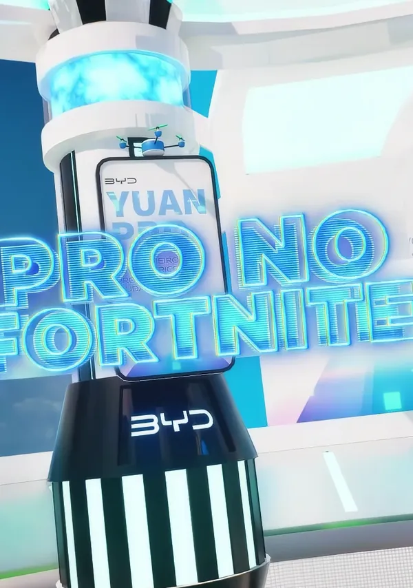 Torre com a marca da BYD e a frase Yuan Pro no Fortnite, dentro do mapa.
