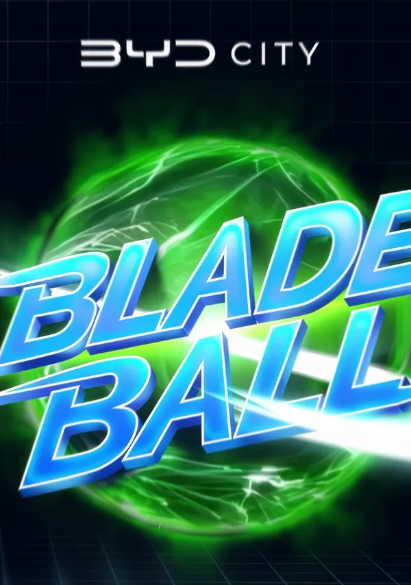 Logotipo do modo Blade Ball sobre uma bola de energia verde, com BYD City no topo.