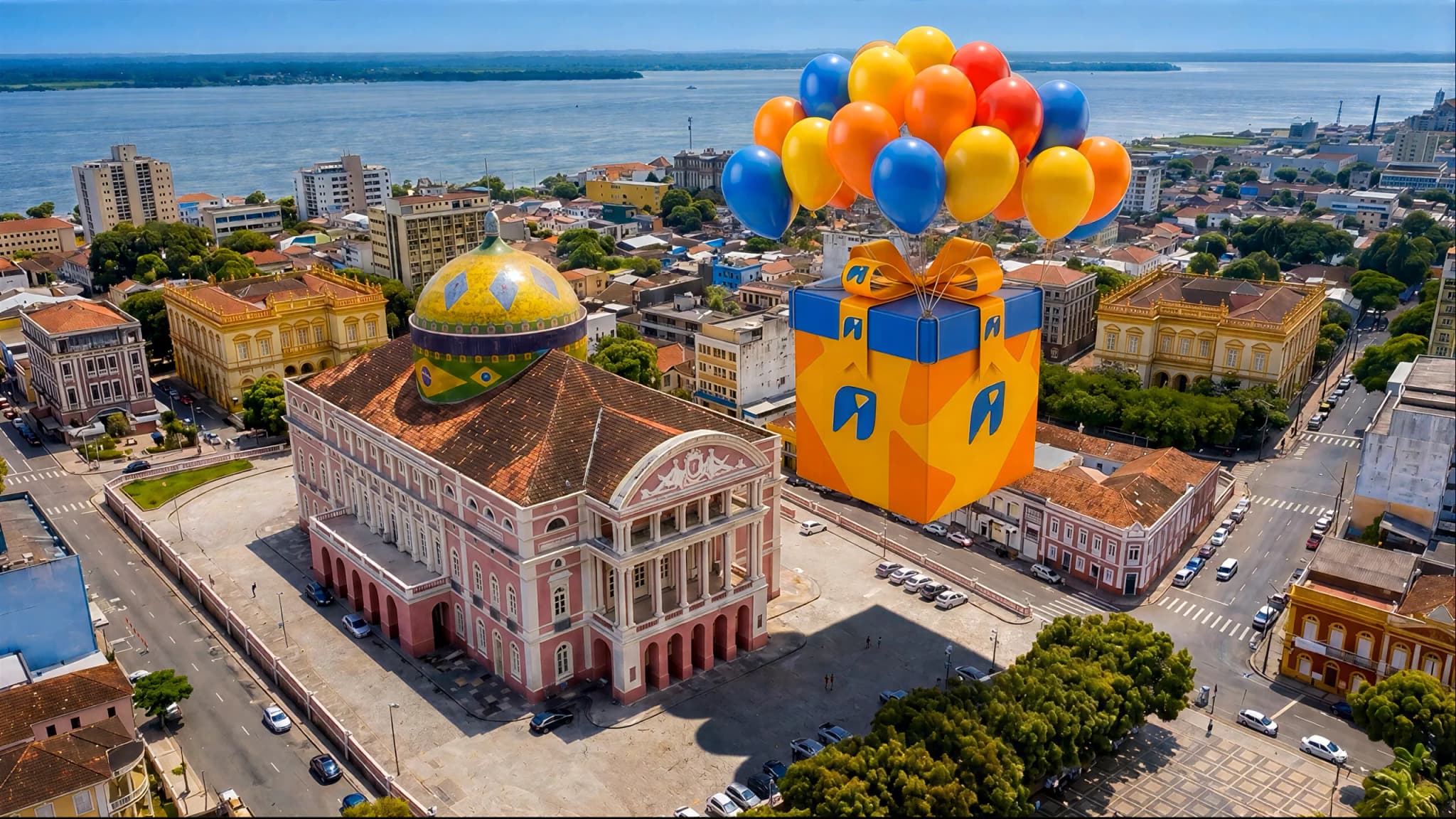 Quadro do filme: uma caixa de presente com as cores da Ipiranga sobe presa a balões sobre o Teatro Amazonas, em Manaus.