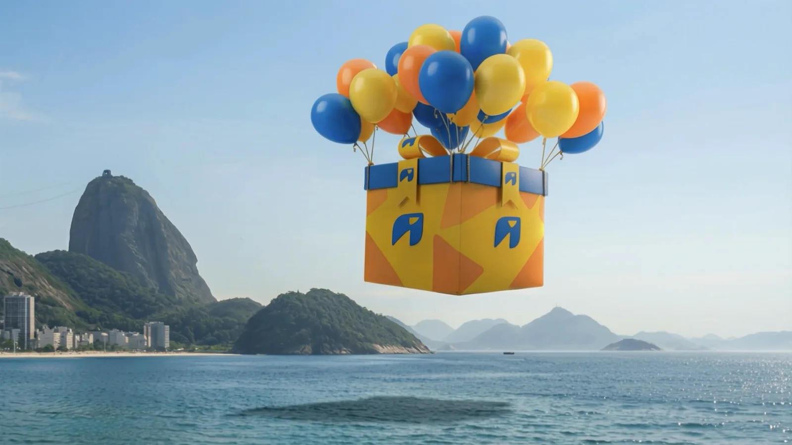 Caixa de presente da Ipiranga presa a balões sobre o mar do Rio, com o Pão de Açúcar ao fundo.