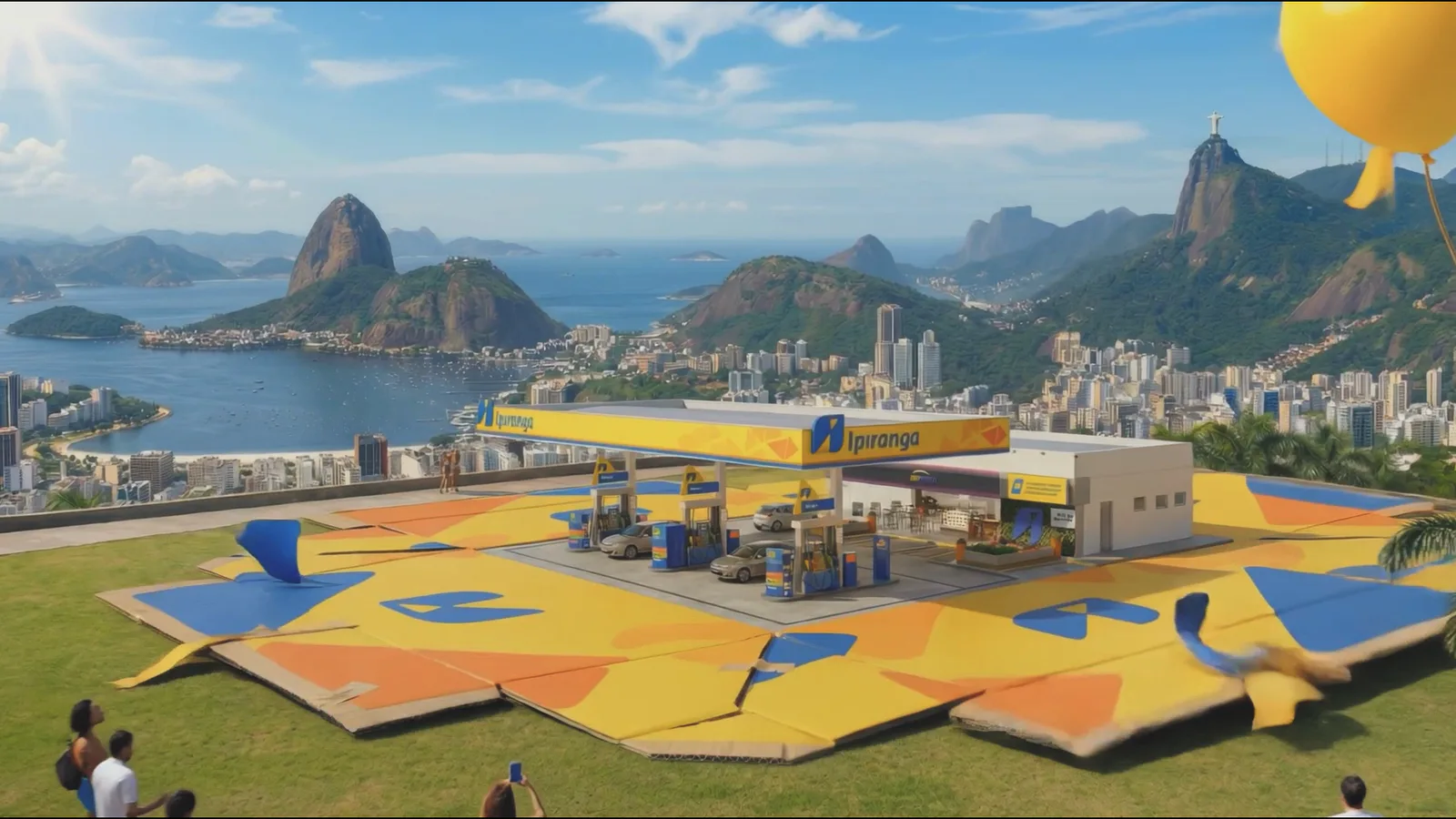 A caixa desmontada no gramado vira um posto Ipiranga, com a Baía de Guanabara ao fundo.