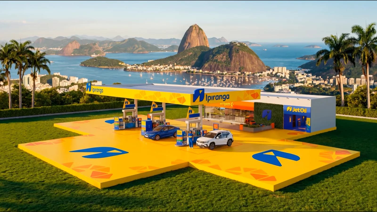 Posto Ipiranga em miniatura num mirante do Rio, com o Pão de Açúcar ao fundo.
