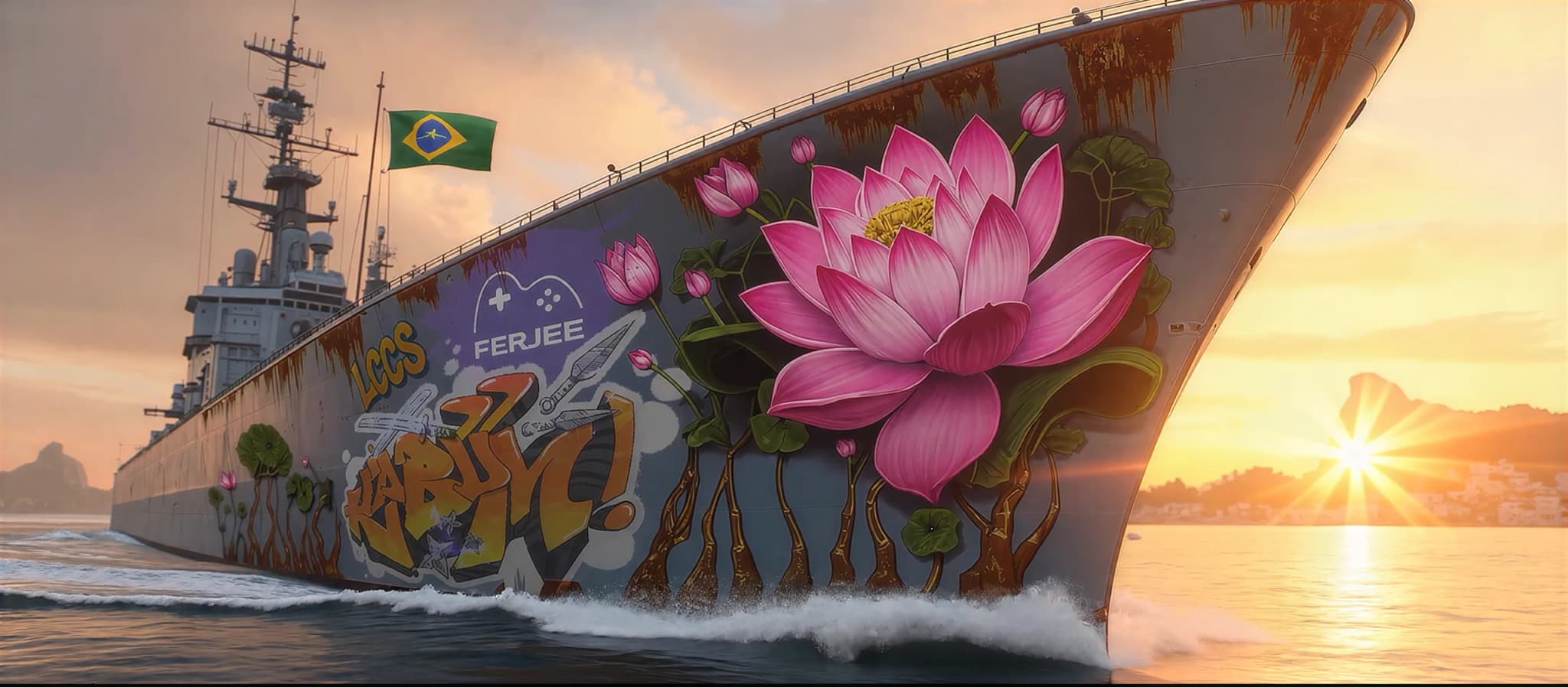 Quadro do filme: um navio pintado com uma flor de lótus e grafites navega ao pôr do sol, no Rio de Janeiro.