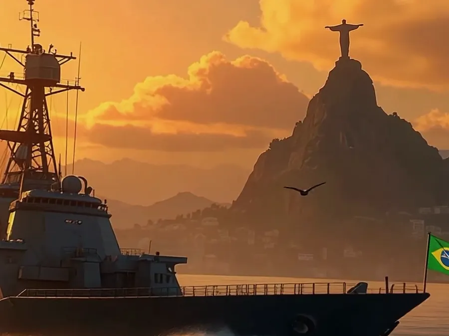 Navio com a bandeira do Brasil diante do Cristo Redentor, ao pôr do sol.