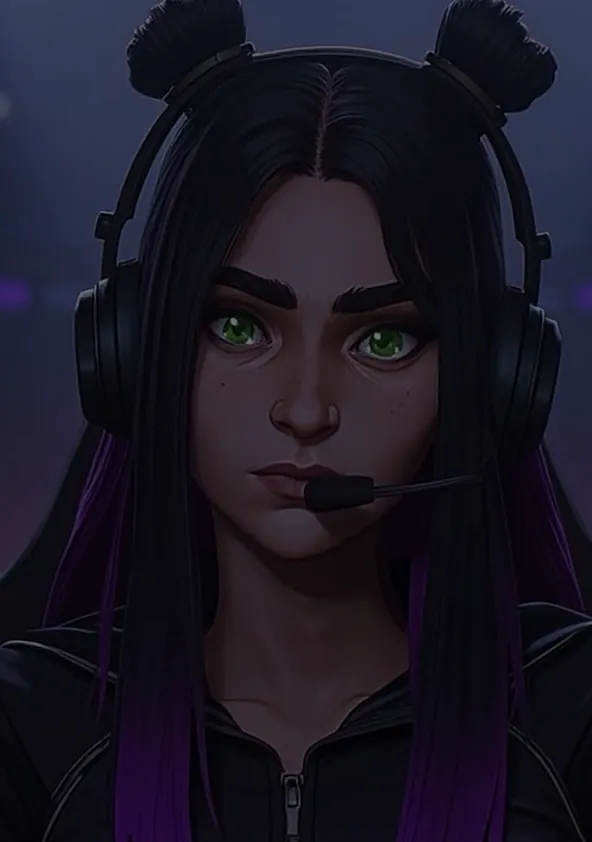 Jogadora de headset em animação 3D, sobre fundo roxo.
