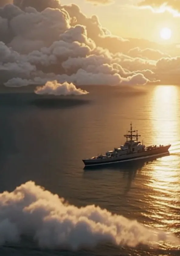 Um navio cruza o mar entre nuvens, visto do alto ao entardecer.