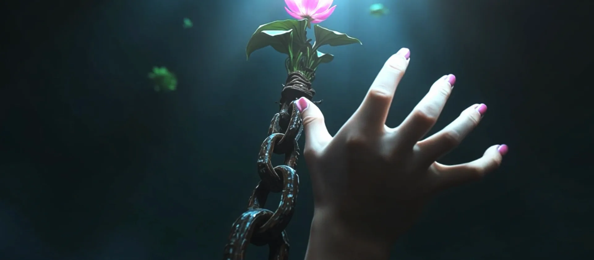 Uma mão alcança a flor de lótus presa à corrente de uma âncora, no fundo do mar, quadro do filme.