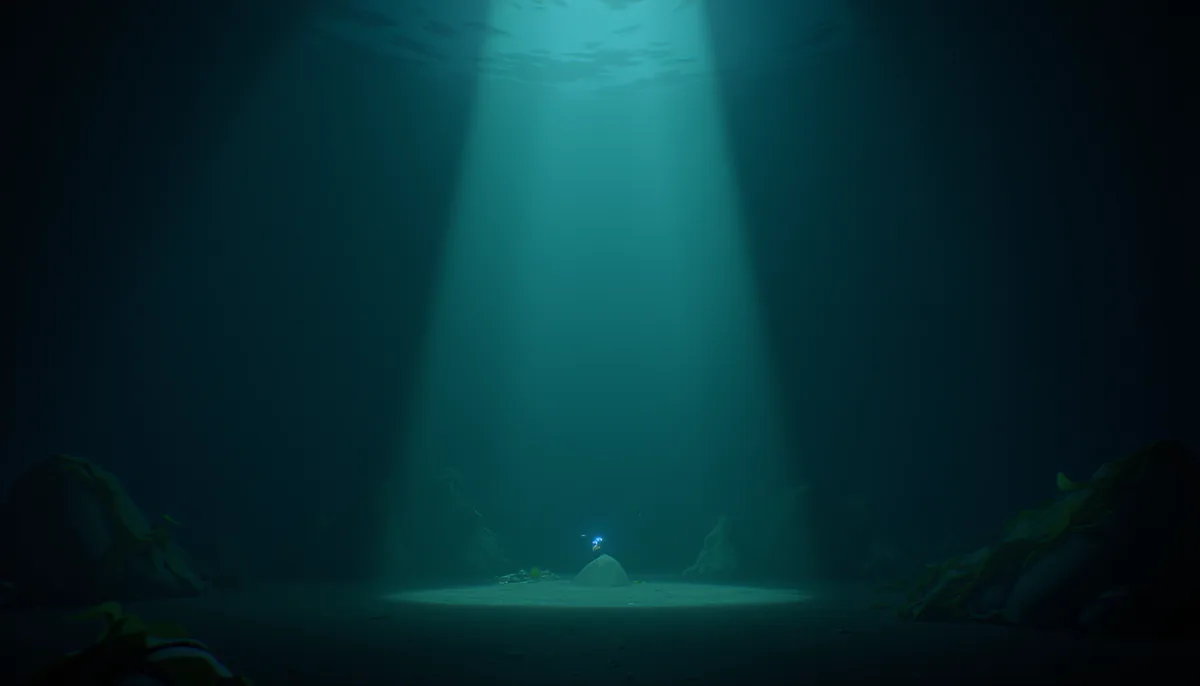 Fundo do mar escuro com um feixe de luz vindo da superfície.