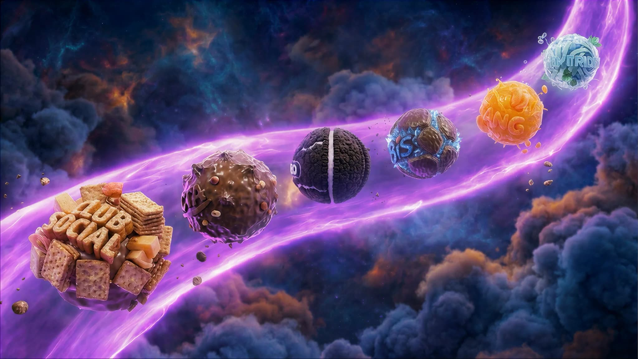 Quadro do filme: os planetas das marcas da Mondelēz enfileirados num rio de energia roxa, entre nuvens cósmicas.