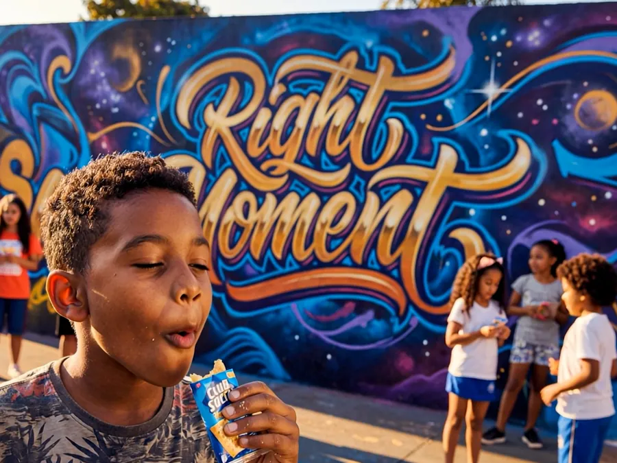 Um garoto come um biscoito diante de um grafite escrito Right Moment, quadro do filme.