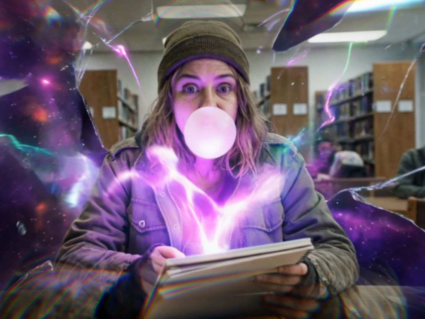Uma jovem faz uma bola de chiclete enquanto desenha num tablet, cercada de energia roxa, quadro do filme.