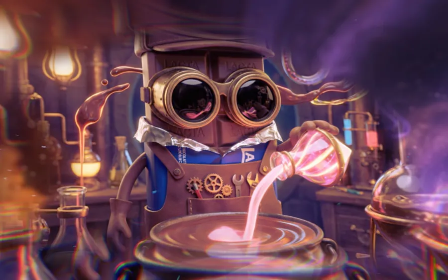 Personagem de chocolate de óculos de proteção prepara uma poção rosa num laboratório.