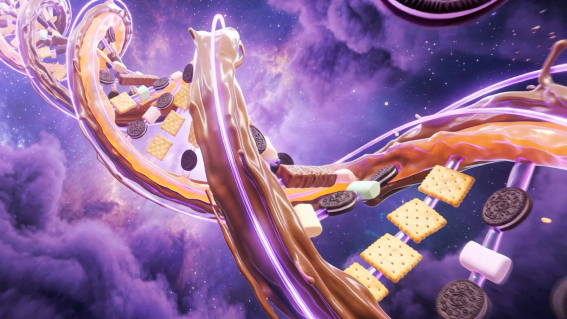 Uma espiral de chocolate, caramelo e biscoitos atravessa o espaço roxo, quadro do filme.
