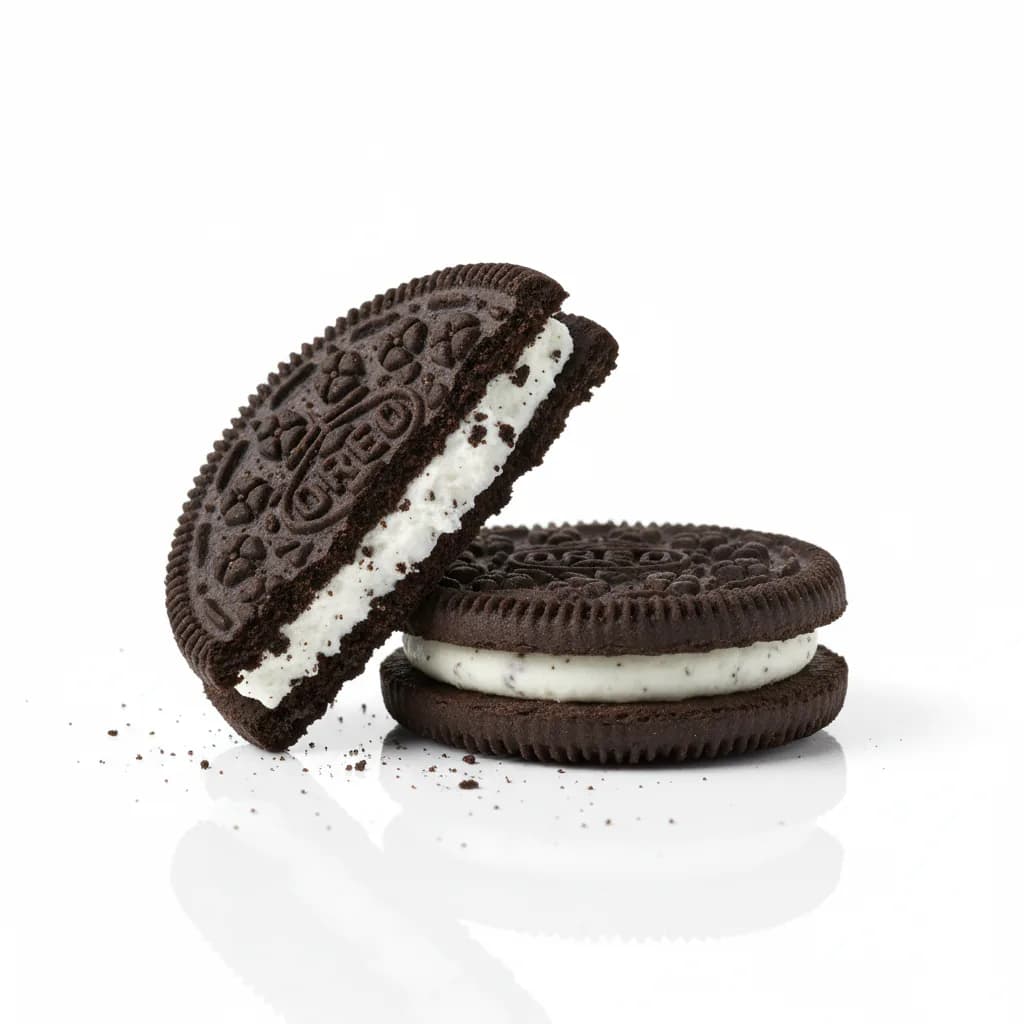 Biscoitos Oreo recortados sobre fundo branco.