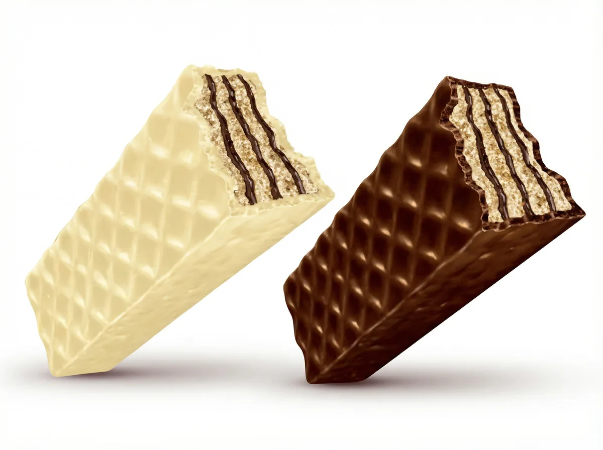 Dois wafers, um branco e um de chocolate, recortados sobre fundo branco.