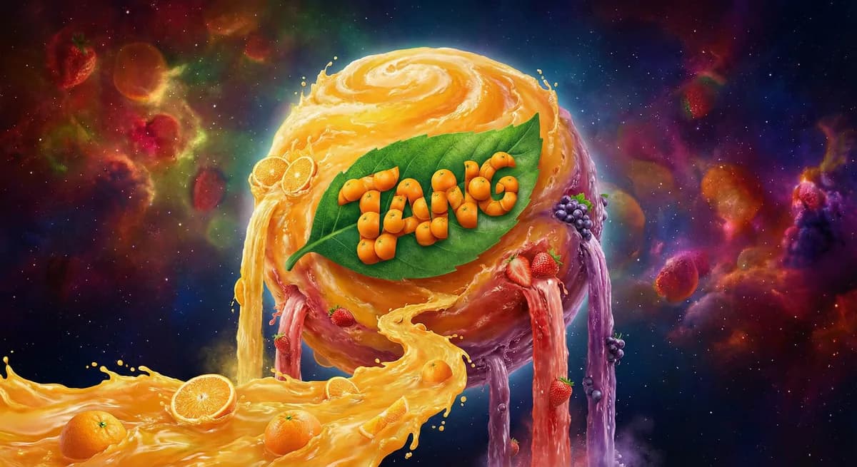Planeta de suco de laranja com a marca Tang, no espaço.