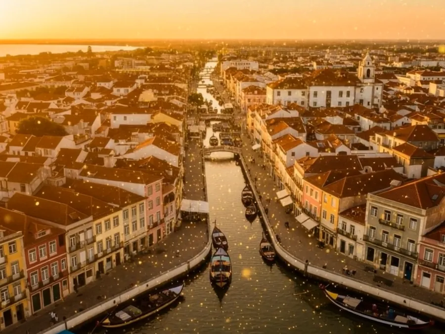 Vista aérea de uma cidade portuguesa cortada por canais, ao pôr do sol.