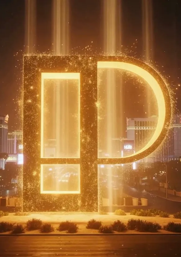 A letra P em luz dourada no meio da avenida principal de Las Vegas, à noite.