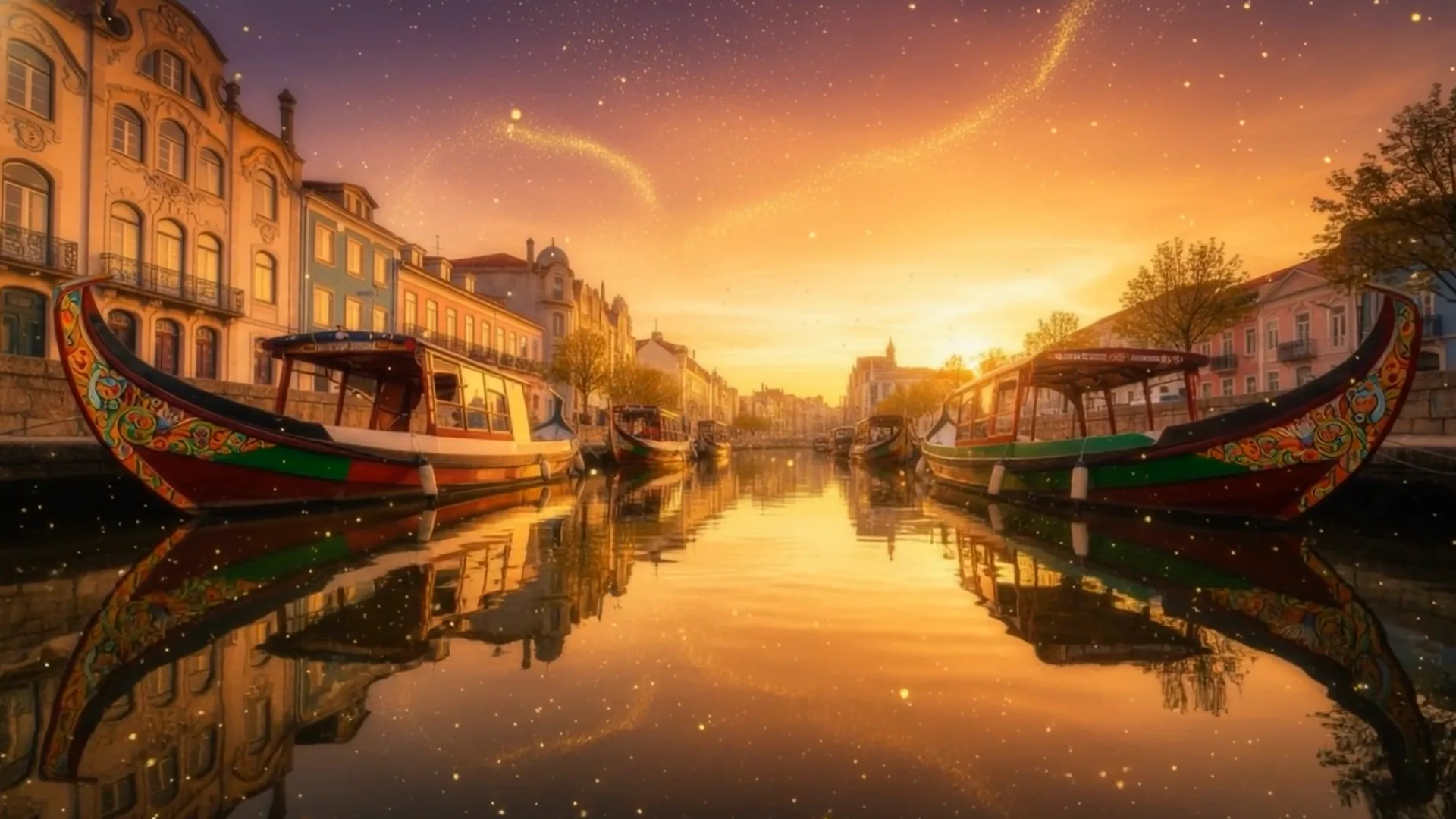 Barcos tradicionais num canal português ao pôr do sol, quadro do filme.