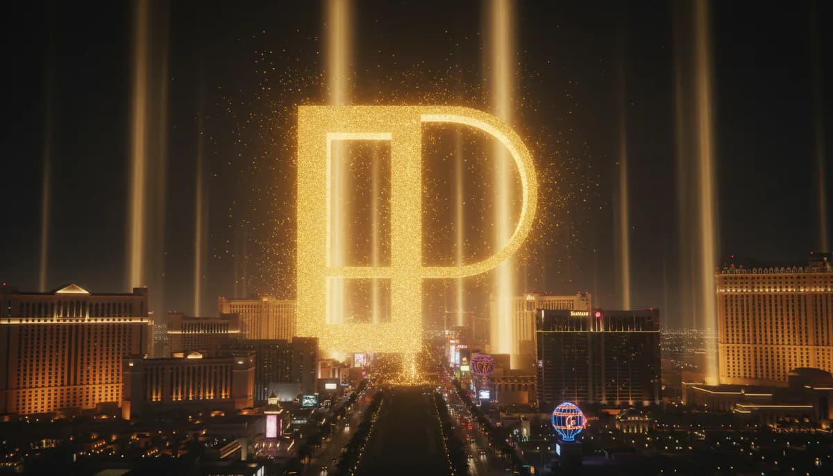 Monumento em forma de P no meio de uma avenida de Las Vegas, entre feixes de luz.