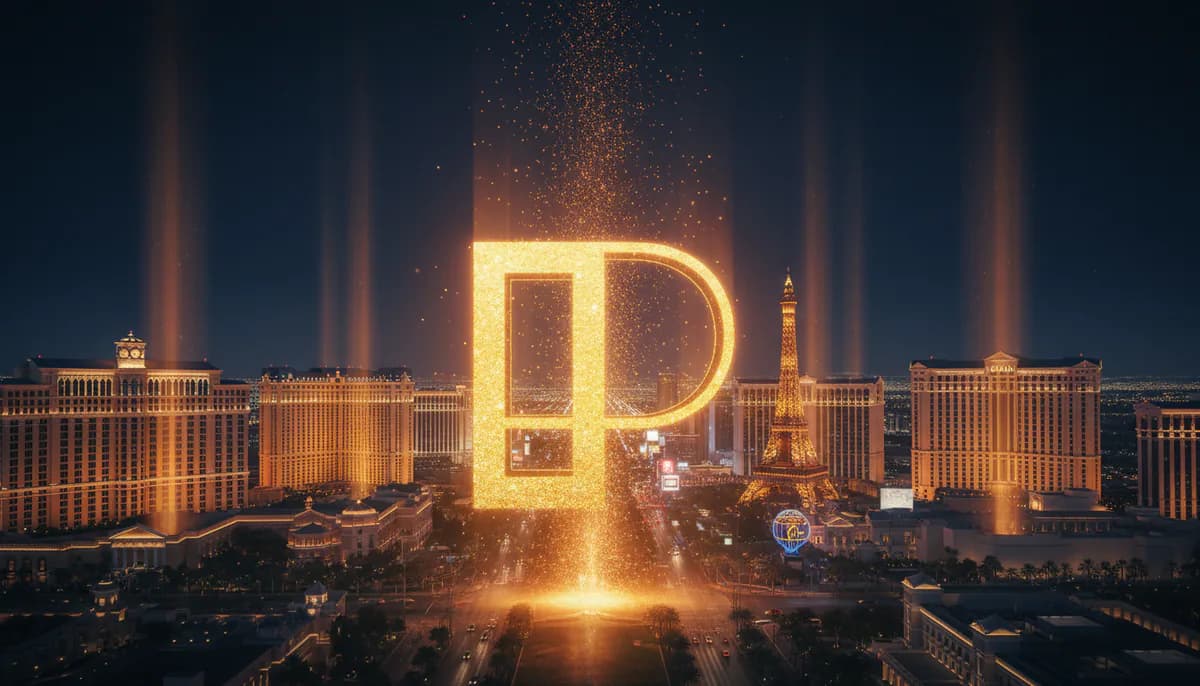 Monumento em forma de P com a réplica da Torre Eiffel de Las Vegas ao fundo.