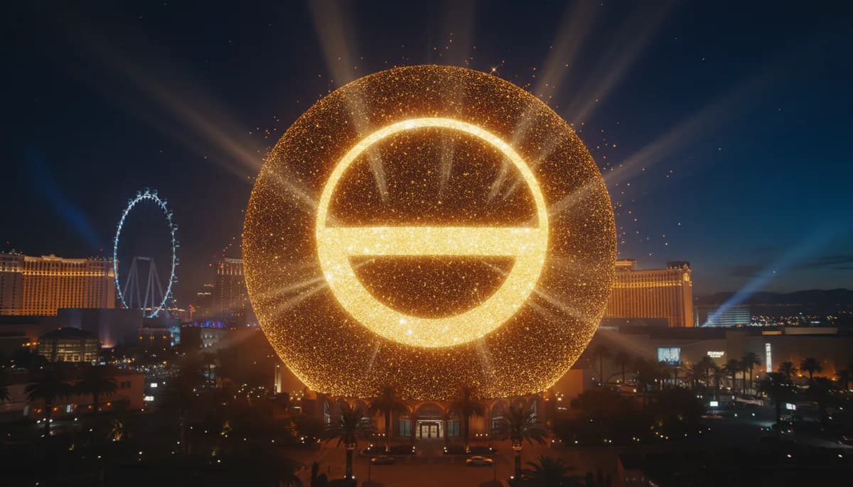 A letra O como um grande anel de luz dourada ao lado de uma roda-gigante, em Las Vegas.
