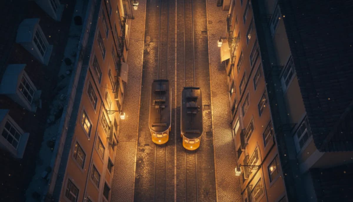 Dois bondes amarelos numa rua estreita, vistos do alto, à noite.