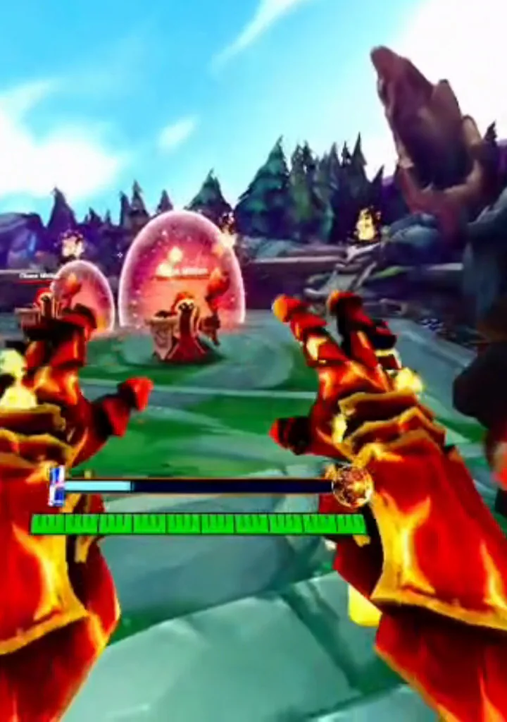 Quadro do jogo na versão do evento: as manoplas abertas diante dos minions, com as barras de vida e de fúria embaixo.