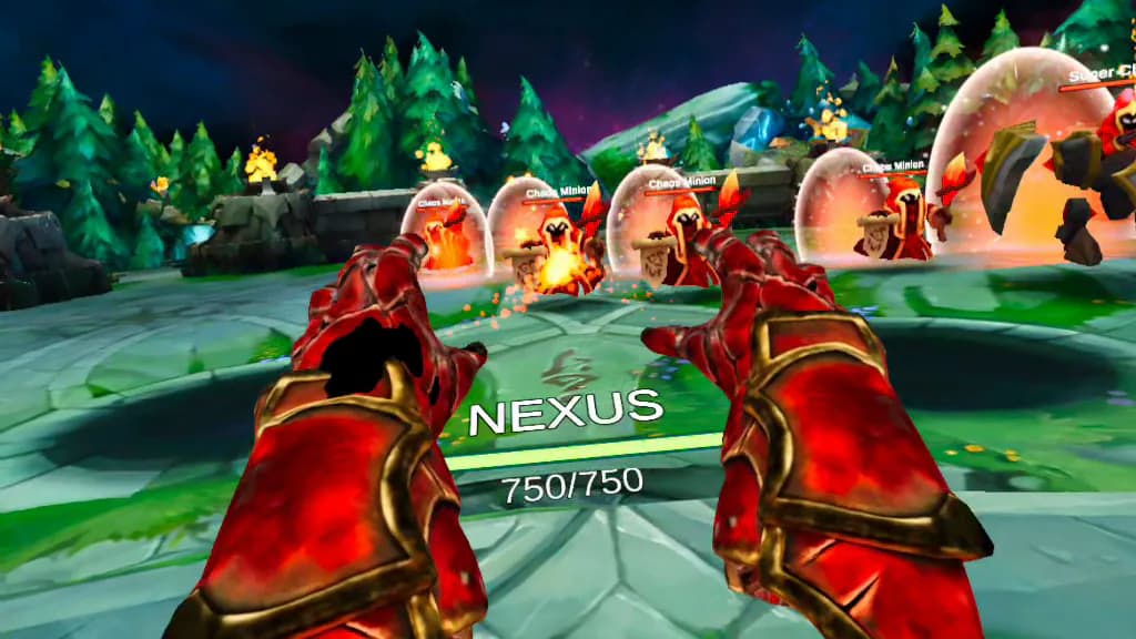 Quadro do jogo em primeira pessoa: as manoplas vermelhas da Shyvana disparam fogo contra minions protegidos por escudos, perto do Nexus.