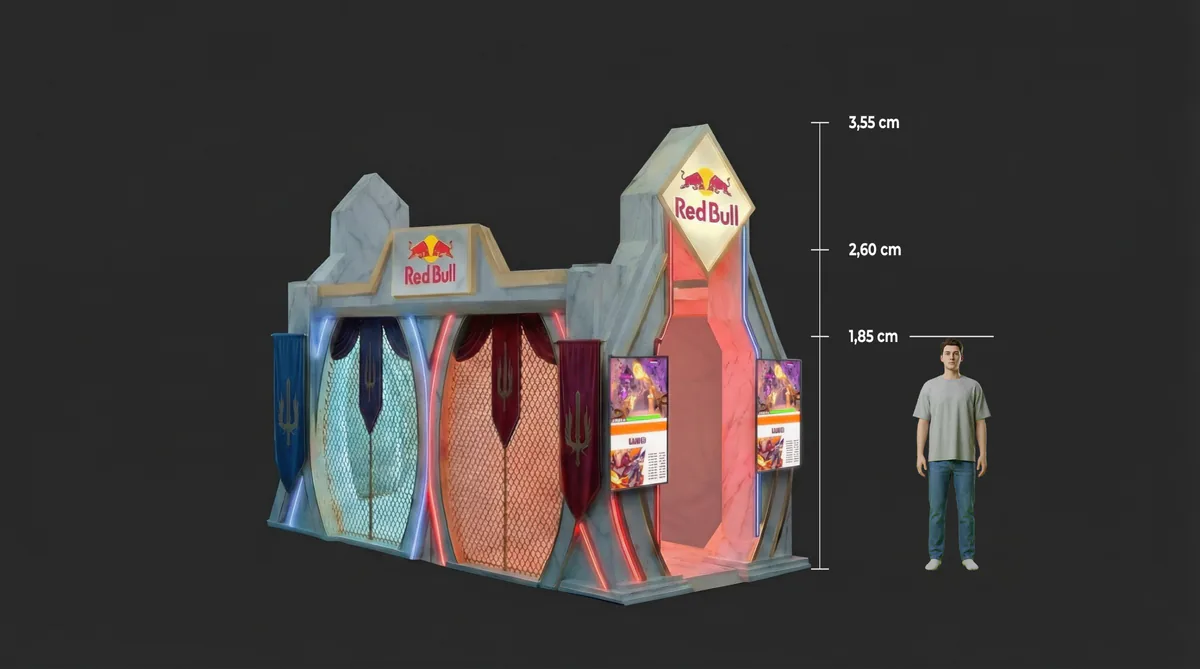 Render do estande visto de lado, com o portal da Red Bull, a cabine e as medidas de altura ao lado de uma figura humana.