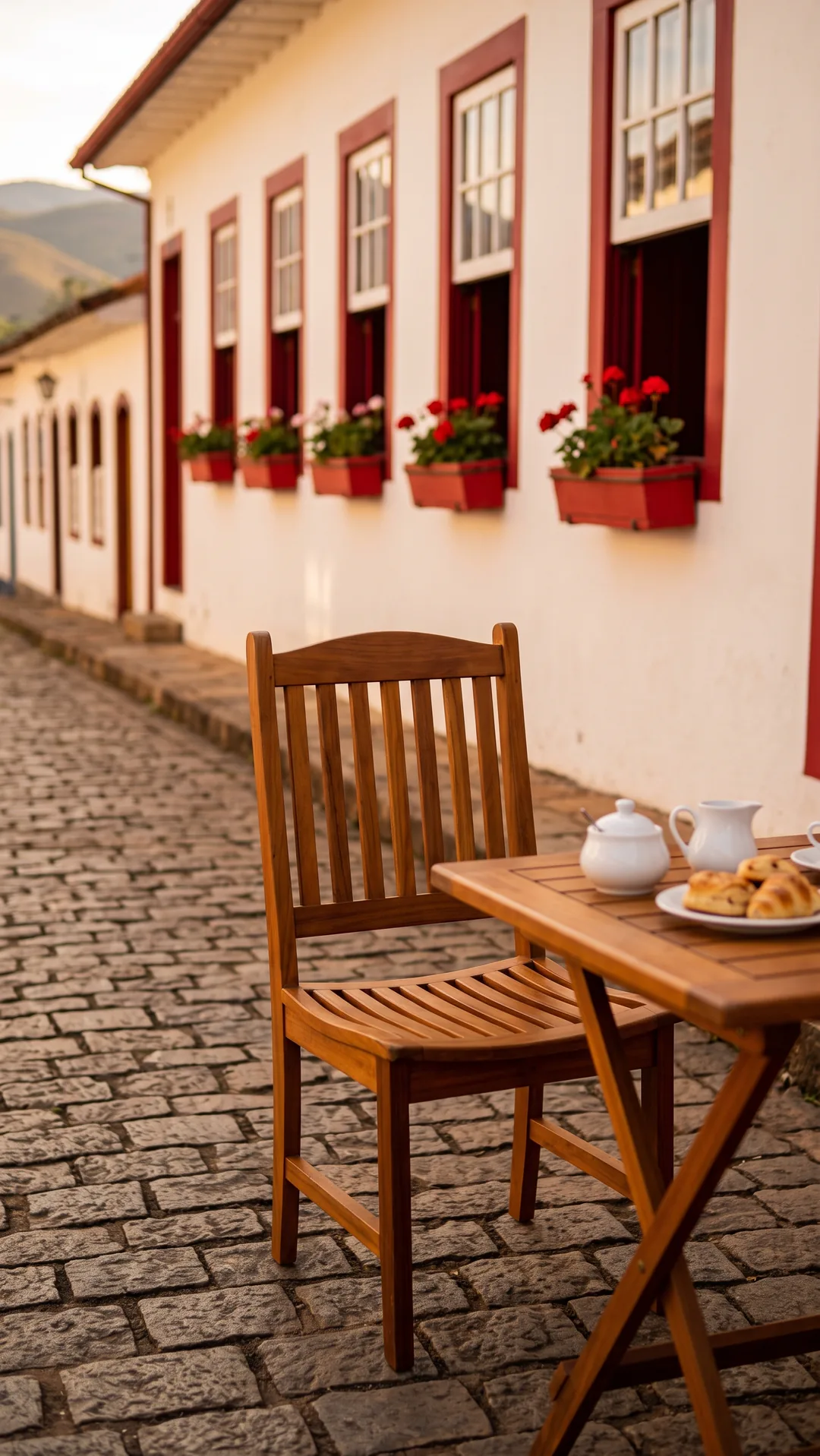 O cenário final para uma pessoa: cadeira e mesa de café numa rua de pedra de Tiradentes, com gerânios nas janelas.