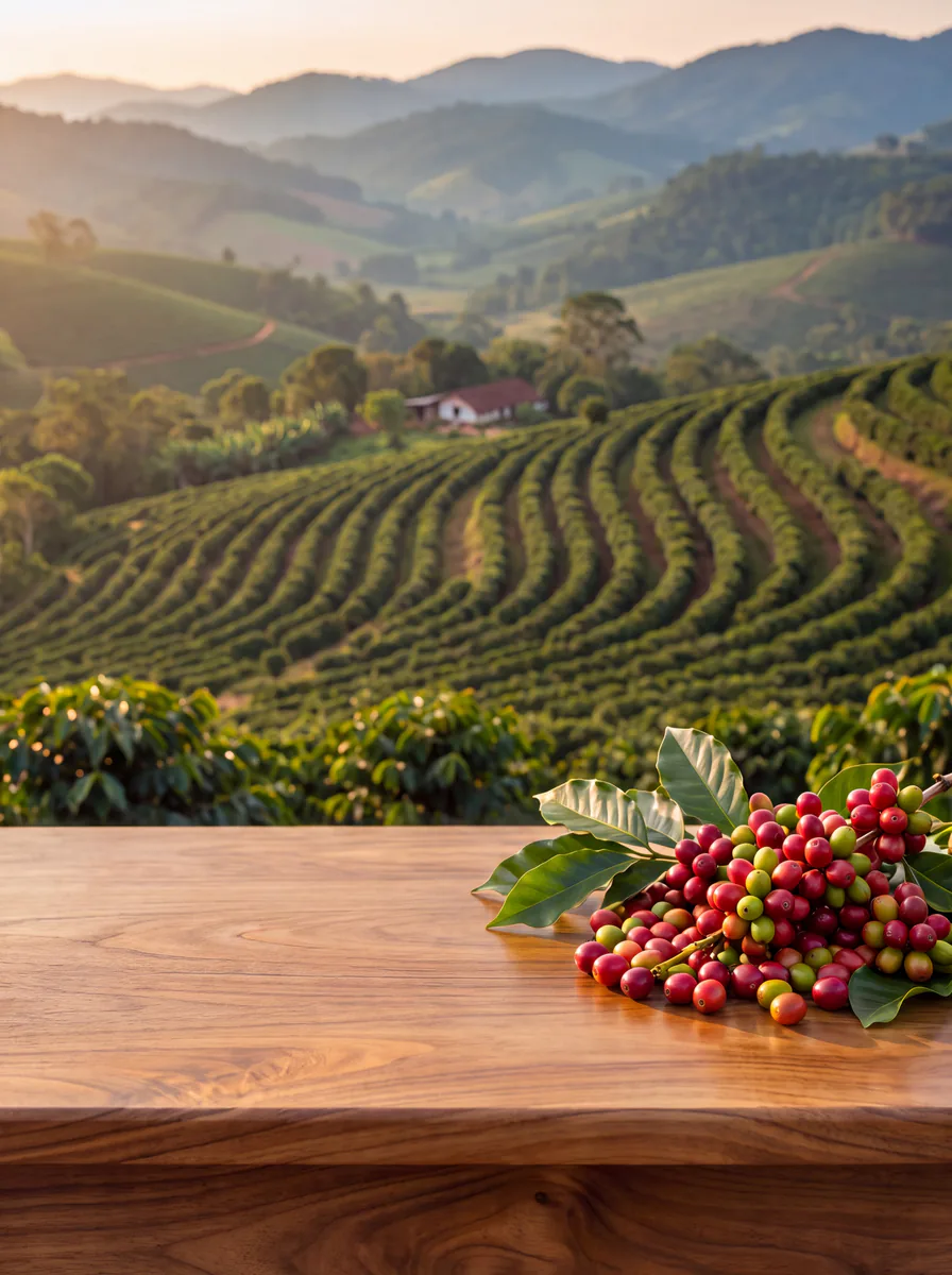 Cafezal em curvas de nível e uma bancada de madeira com grãos de café vermelhos.