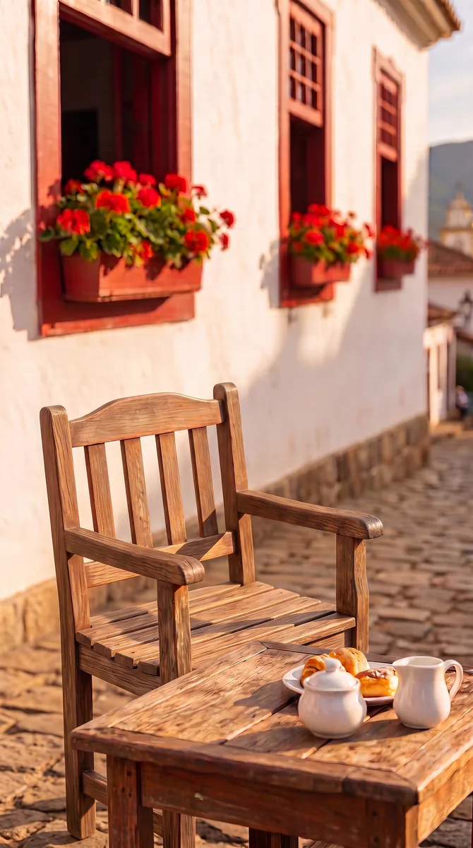 Cadeira de madeira e mesa com bule e pães numa rua de pedra, sob janelas com gerânios.