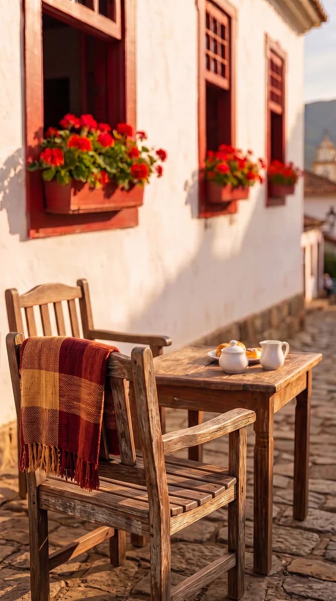 Cadeira de madeira com uma manta xadrez em primeiro plano e a mesa do café na rua de pedra.