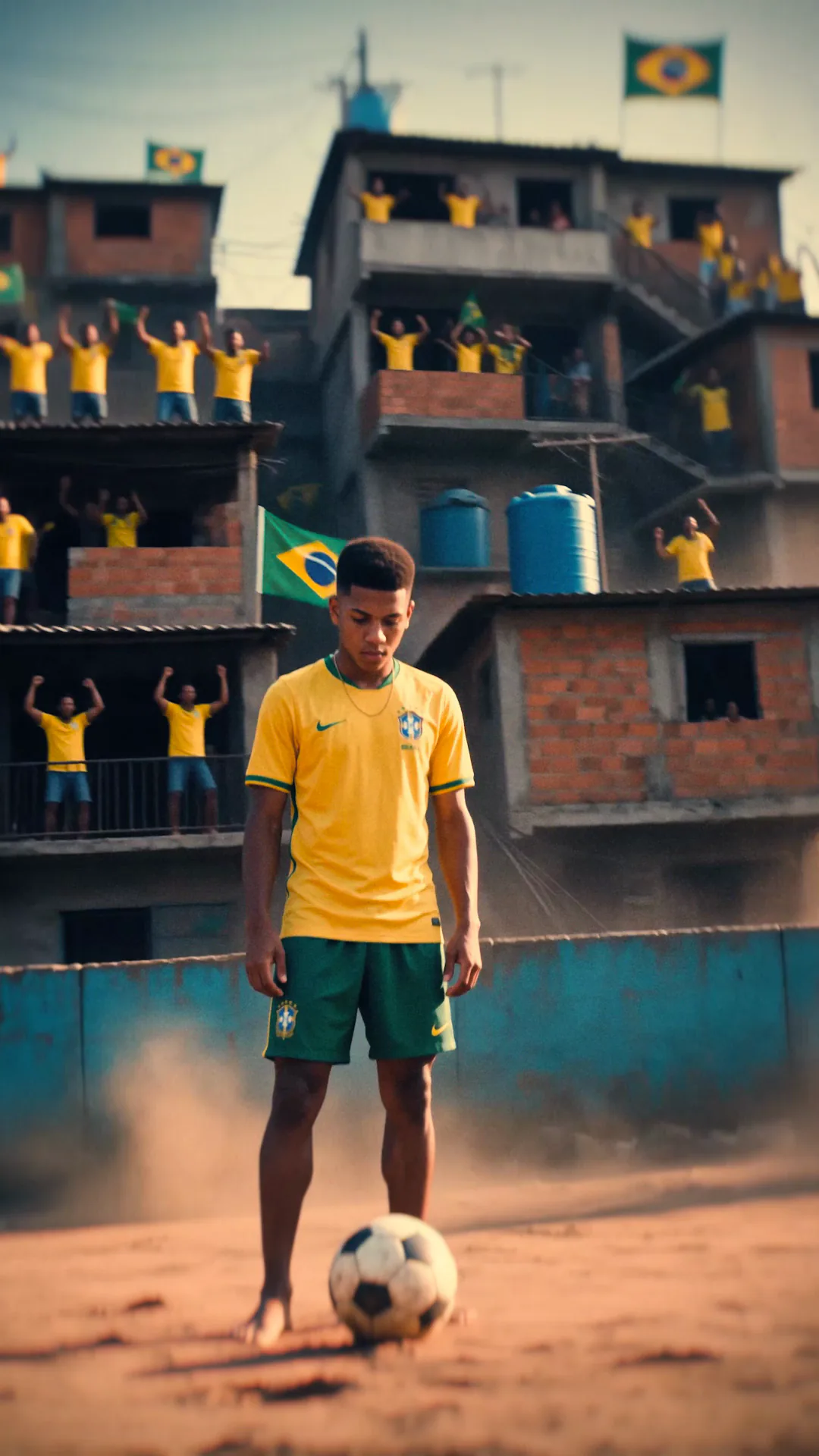 Quadro do filme: um garoto com a camisa da Seleção pisa na bola num campo de terra, com a comunidade assistindo das lajes.